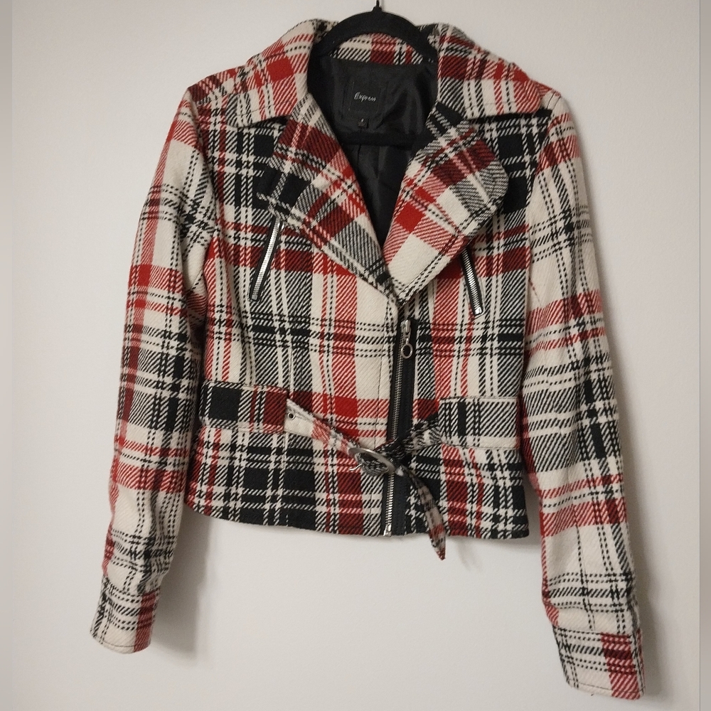 Express Vintage Black and Red Wool Blend Lined Plaid Moto Jacket